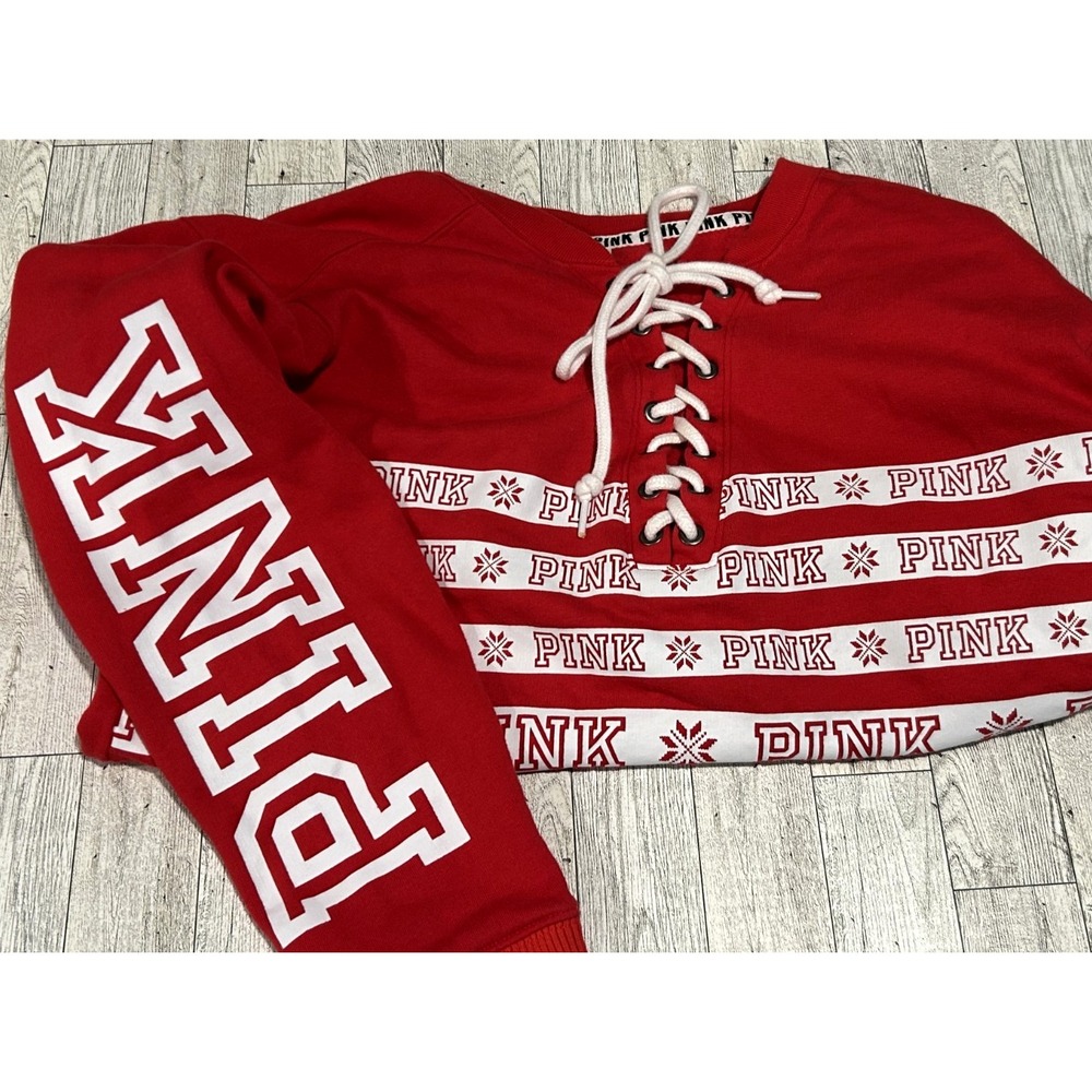 Victoria's Secret Pink Campus Lace-up Pullover Holiday Red Pepper Logo SMALL - Picture 1 of 9